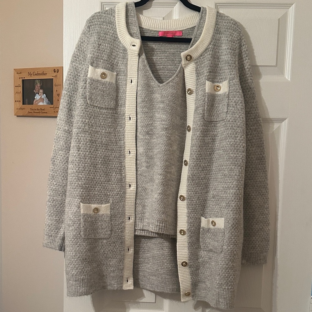Lilly Pulitzer - Cozy Women's Gray Knit Cardigan & Tank Set - Cream Trim